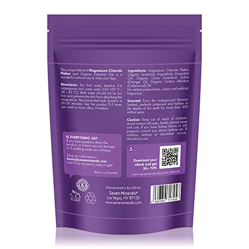 Seven Minerals Relaxing Legs Magnesium Chloride Flakes 3Lb – Absorbs Better Than Epsom Salt - Unique Foot Soak Formula For Tired Legs And Leg Cramps - With Usda Organic Orange, Cedarwood & Lavender #TOP1