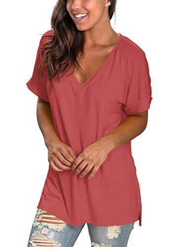 Image of Sampeel Women's V Neck T Shirts Casual Rolled Short Sleeve Side Split Summer Tops Loose Fit