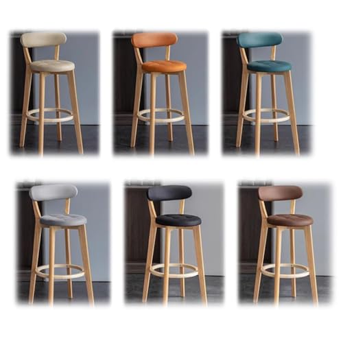 Taburete de bar de madera para cocina, 62 cm de altura, asiento redondo tapizado con respaldo y reposapiés, diseño de madera maciza, color beige, cómoda silla de cocina