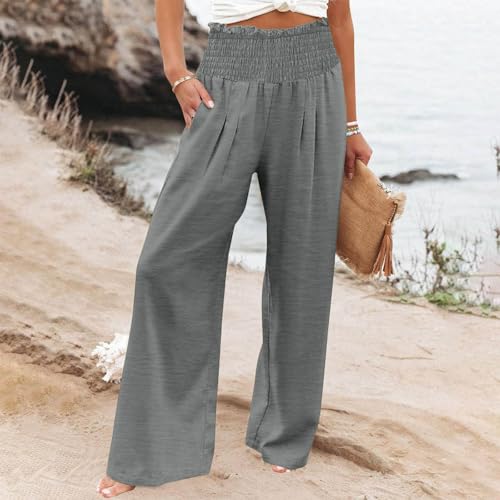 Womens Wide Leg Pants Tummy Control High Waisted Linen Pants Casual Baggy Sweatpants Palazzo Trousers with Pockets Palazzo2