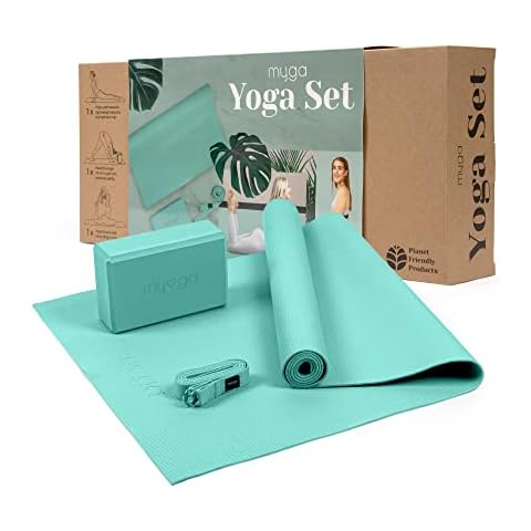 Myga Yoga Starter Set - Yoga Mat, Yoga Block Brick & Metal D-Ring Yoga Strap - Starter Kit for Beginners great for Pilates, Yoga, Stretching, Health & Fitness - Complete Home Studio Set for Gifting Cover
