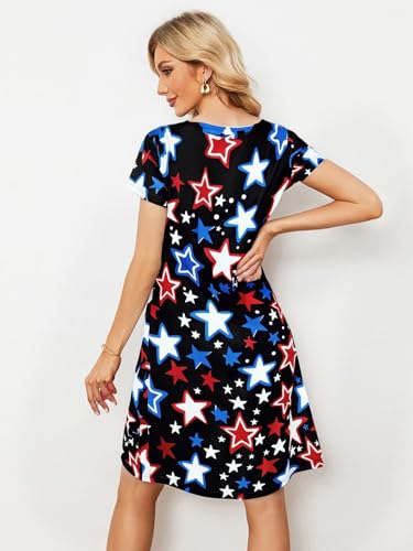 Image of LUKYCILD American Flag Dress Women 4th of July Patriotic Shirt USA Stars Stripes Dresses Sexy V- Neck Summer Sundress