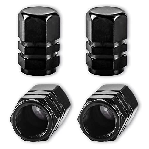Black Tire Valve Stem Caps - Car Tire Caps 4 Pack, Metal Aluminum Tire Valve Cap Set, Universal Dustproof Leak-Proof Stem Covers for Bikes, Cars, Trucks, Motorcycles, and Suvs.