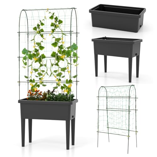 Giantex Raised Garden Bed with Climbing Trellis, Self-Watering Elevated Planter Water Level Indicator & Drainage Hole, Plant Raised Bed for Cucumber Vegetables Fruits Herbs