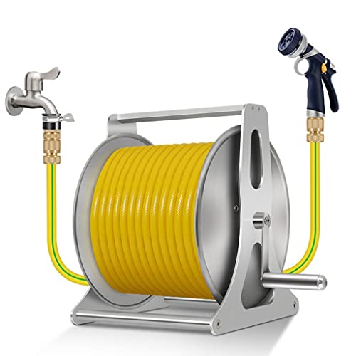 Carrete portamangueras de Acero Inoxidable para Exteriores, Organizador de mangueras con Pistola de Agua, Ideal para baño de Mascotas (Plata + Tubo de 25 m)