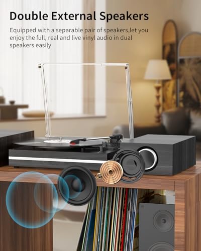 Image of Vinyl Record Player with External Speakers Belt-Drive Turntable for Vinyl Records Dual Stereo Speakers Vintage LP Players Support 3 Speed Wireless Playback AUX Headphone Input Auto Stop Wood Black