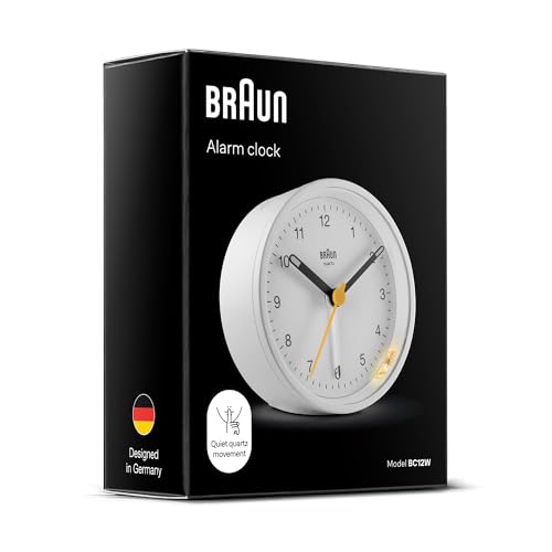 Braun Klassischer analoger Wecker Schlummerfunktion und Licht, ruhiges Quarzuhrwerk, Crescendo-Alarm in Weiß, Modell BC12W.