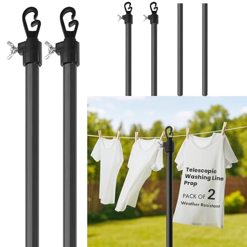 Laundry Mate Telescopic Washing Line Poles – Extendable Up to 220cm with Twist & Lock Mechanism | 2 Pack G-Shaped Hook Heavy Duty Clothes Line Pole | Rust-Resistant Washing Line Support for Outdoor