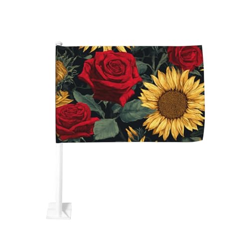 Red Rose Flower And Sunflower Car Flag Outdoor Window Clip 12 X 18 Inch Double Side Car Decoration