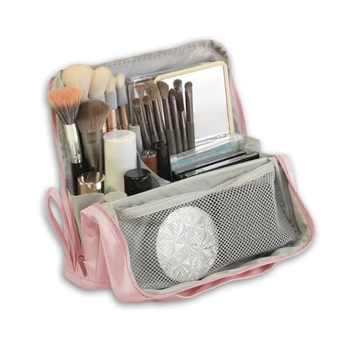 standing makeup bag, Women's Large Capacity Foldable Magnetic Travel Makeup Storage Bag, waterproof pu leather Portable Open makeup bag with dividers,pink