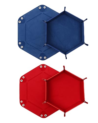 DELALO 2 Stück Faltbare Würfelbretter, Doppelseitiges Würfelbrett, Samt Faltbares Würfeltablett, Sechseck-Würfelplatte, Lederwürfelbretter für RPG DND Dragons Würfelspiele (Blau - Rot)