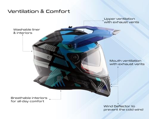 Image of Axor X-Cross Gambling ISI ECE and DOT Certified Premium Off-Road Full Face Helmet with Pinlock Fitted Dual Visors and Stylish Peak-Black Blue-L