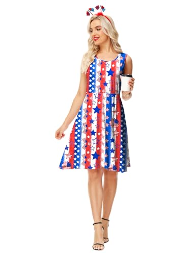 Image of Deerose 4th of July Dress for Women Sleeveless American Flag Patriotic Elastic High Waist Sundress