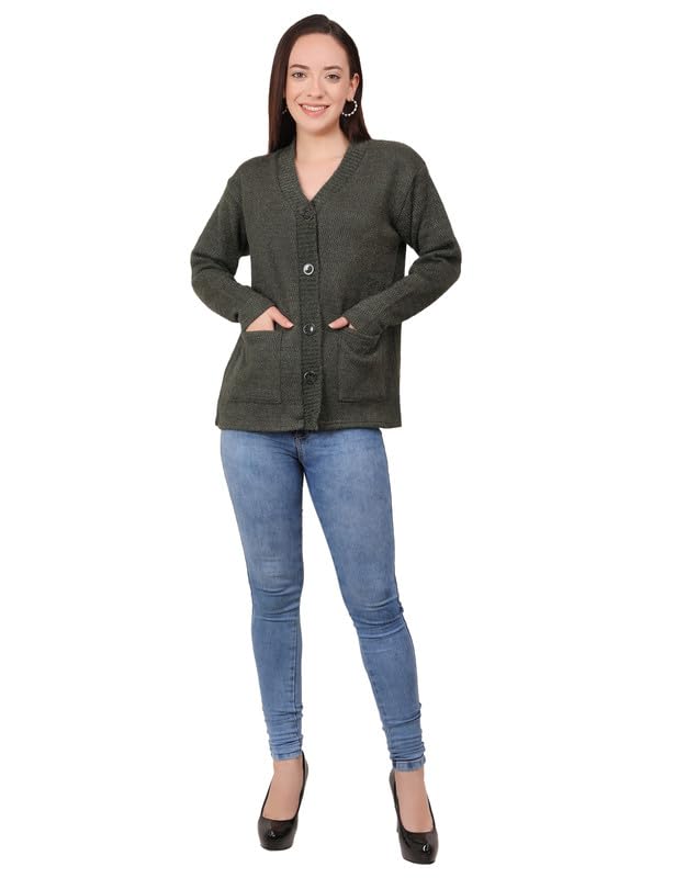 Image of MANRA Women's Woolen V-Neck Buttoned Full Sleeve Cardigan Self Design Soft Wool Fabric Winter Wear Pure Wool Sweater Fully Warm, Front Pockets Cardigan