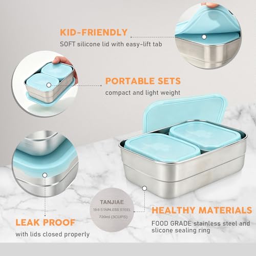 Image of Tanjiae 3 CUP+1 CUP Stainless Steel Lunch Snack Containers Set | Leak Proof 304 Stainless Steel Food Containers with Silicone Lids - Perfect Metal Lunch Box for Home and Travel (25oz+8oz*2)