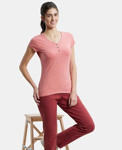 Image of Jockey UL03 Women's Super Combed Cotton Elastane Stretch Slim Fit Solid V Neck Henley Styled Half Sleeve T-Shirt