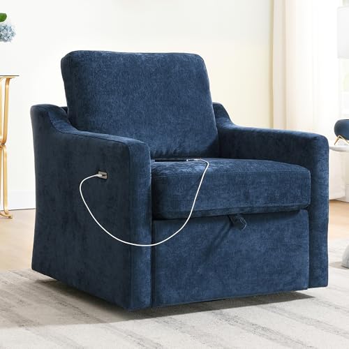 QianYueLUX Swivel Accent Chair, 360° Swivel Comfy Upholstered Seat for Living Room, Bedroom, Office with Hidden Storage & Dual USB-C Ports, Chenille Fabric, 300lbs Capacity, Navy Blue