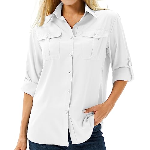 Womens UPF 50 Long Sleeve UV Sun Protection Safari Shirts Outdoor Quick Dry Fishing Travel Hiking Shirts #5070-White-L