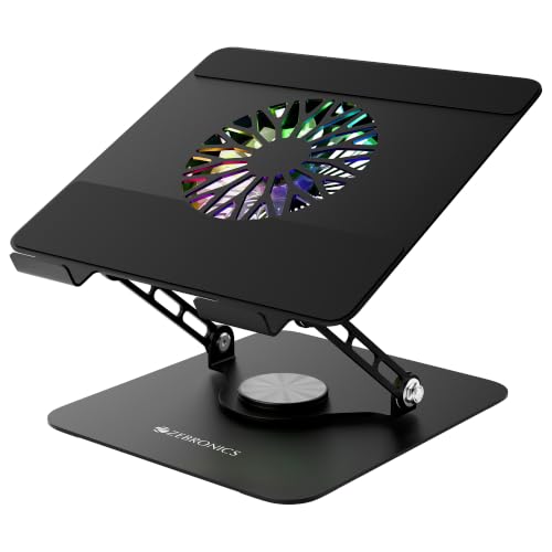 Image of Zebronics NS5500 Rotatable Laptop Cooling Stand, Up to 17-Inch, 360 Rotation, Metal Body, USB Powered Cooling, LED Lights, 3 USB, 2 Type-C Ports, Multi-Angle, Foldable, 5kg Capacity,Anti Rust (Black)