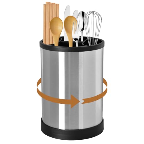 Cable Leader Pot Ustensiles Cuisine Pivotant à 360°, Porte Ustensiles avec 4 Compartiments, Grand Rangement Ustensiles Cuisine en Acier Inoxydable, Avec Base De Drainage, Noir, 17*12*12 cm