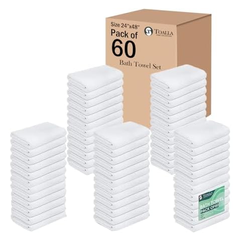 TOALLA 100% Cotton Bath Towel Set Pack of 60|500 GSM|Soft Large Bath Towel|Super Absorbent|Quick Dry|Ideal for Pool Home Gym Spa Hotel|Perfect for Daily Use|Bath Towel Set 24 x 48 Inches|White Cover