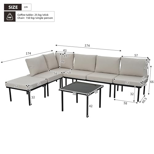 6 Pieces Garden Furniture Sets Corner Sofa, Patio Furniture Sets Garden Lounge Set with Coffee Table&Stool, Seating Group with Cushions, Outdoor Terrace Patio Backyard Furniture, Galvanized Iron,Beige - Image 2