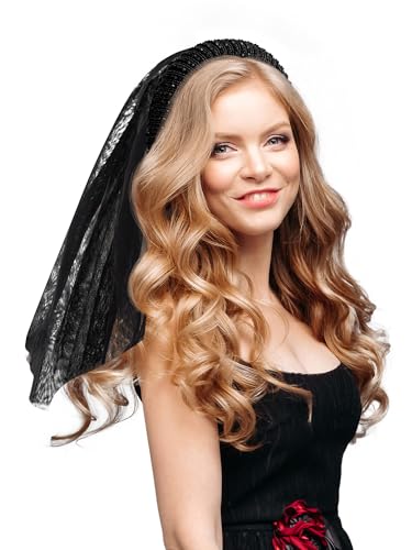 Daifunli Voile de mariée noir avec bandeau, bandeau en perles et voile amovible pour femme, mariée, fête prénuptiale, cadeau funéraire, noir, about 21.65 inch of veil