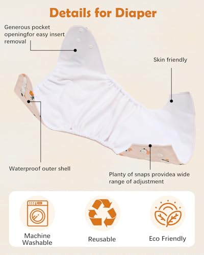 image for Babygoal Baby Cloth Diaper 6 Pack with 6pcs Inserts and Wet Bag for Fi