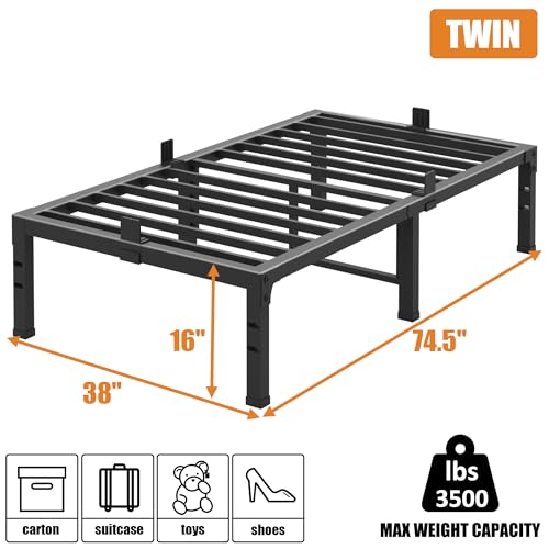 Image of FUIOBYVV Twin Bed Frames,16 Inch Heavy Duty Metal Platform Bed Frame Twin Size Support Up to 3500 lbs,No Box Spring Needed,Headboard Compatible,Steel Slat Support,Noise Free,Easy Assembly