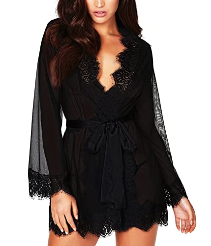 Rslove Women Sexy Robe Lace Kimono Babydoll Lingerie Set Mesh Cover Up Bridal Lingerie Black M #TOP14