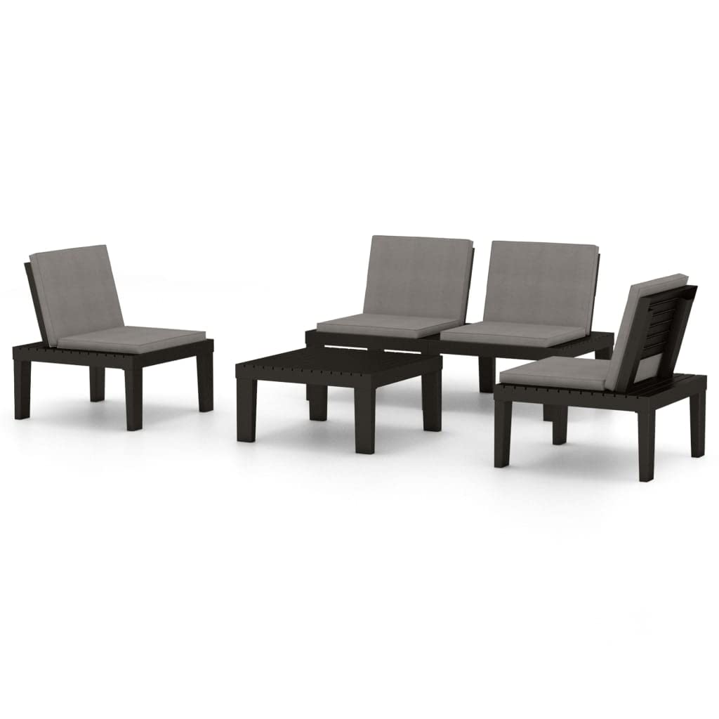 Juego de 4 muebles de jardín de plástico gris con cojines, conjunto de asientos con respaldo, mesa estable para bebidas y aperitivos, hasta 110 kg por asiento, sofá de jardín de fácil cuidado