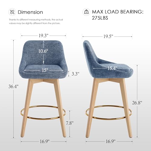 Image of Zesthouse Swivel Bar Stools Counter Height Set of 2, 26 inch Wooden Barstools with Back & Solid Wood Legs, Upholstered Linen Fabric Bar Stools for Kitchen Island, Modern Coastal Blue Counter Height Chairs