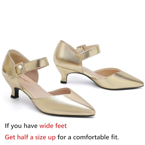 Image of RIBONGZ Comfortable Kitten Heels for Women Pointed Closed Toe Ankle Strap Buckle Heels Slip on Low Heel Church Pumps Wedding Bridal Party Dressy Shoes
