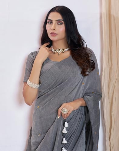 Image of SIRIL Women's Cotton Linen Sequence Saree With Unstitched Blouse Piece