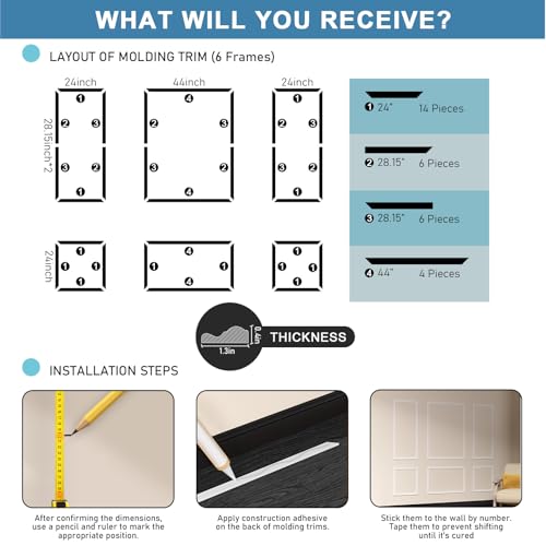 6-Frame Peel and Stick Wainscoting Kit for Living Room Accents