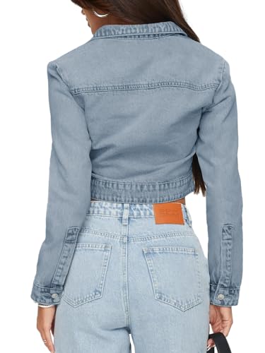 Plnotme Womens Cropped Denim Jackets Casual Long Sleeve Zipper Lapel Collar Crop Jean Jackets thumb #3