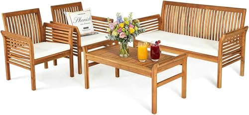 Tangkula 4 Piece Outdoor Acacia Wood Sofa Set with Water Resistant Cushions, Padded Patio Conversation Table Chair Set w/Coffee Table for Garden, Backyard, Poolside (1)