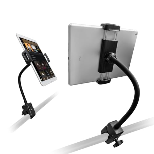 Clamp Tablet Holder for Treadmill Peloton Exercise Bike Elliptical Mic Stand 11.8 Heavy-Duty Gooseneck Arm with Metal Core 360 Rotation ipad Clamp Mount Fits 4.713 iPad iPhone Kindle Switch