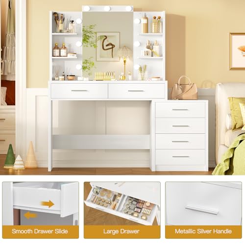 Image of FIONESO 43.3 inch W Vanity Desk with Mirror and 9 LED Lights, Makeup Vanity with 6 Drawers, 6 Open Shelves, 3 Color Modes & Adjustable Brightness, Dressing Table for Girls Bedroom, White