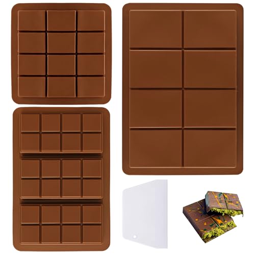 TRUEIN 3 Piezas Molde Tableta Chocolate, Silicona Molde Chocolate con 8/12/24 Rejilla, Moldes de Chocolate Profundo, Moldes Turron con Raspador, Para Bombones Postres Caseros, Barras Energéticas
