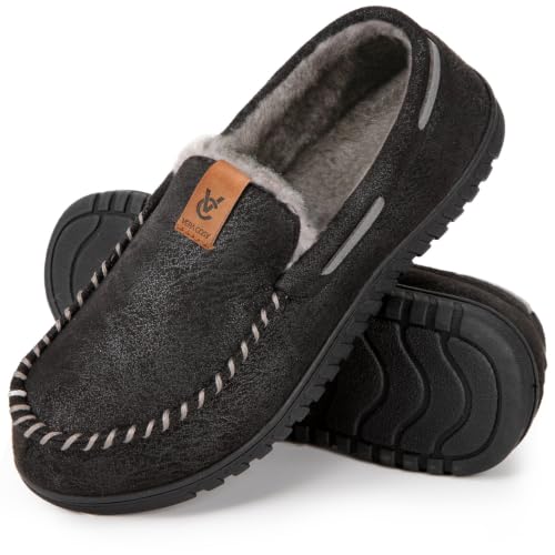 VeraCosy Men's Classic Moccasin Slippers Soft Faux Suede Memory Foam Closed-back Indoor House Shoes Black, 10 UK