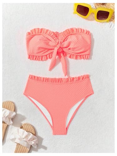 SOLY HUX Women's Ruffle Strapless Bikini Set 2 Piece Bandeau Swimsuit High Waist Bathing Suits4