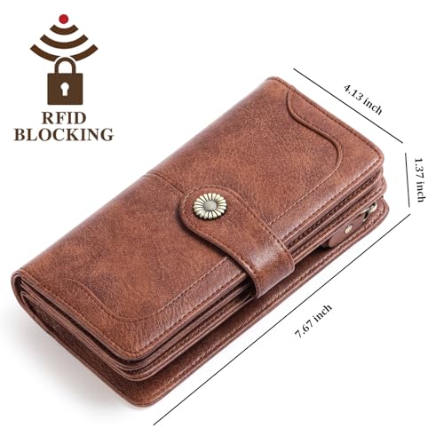 Women Genuine Leather Wallet with 24 Card Slots and RFID Blocking Card Holder Double Zipper Pocket Leather Wallet Large (Brown)2