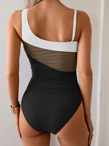 One Shoulder One Piece Swimsuit for Women Tummy Control Bathing Suits Color Block Ruched Swim Suit Slimming Swimwear4