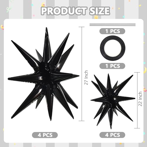 Image of TONIFUL 8 Pcs Explosion Star Balloons Black Foil Balloon Party Decorations | 2 Size Mylar Star Balloon for New Year Party Decoration Graduation Mens Birthday Wedding Baby Shower Photo Booth Supplies