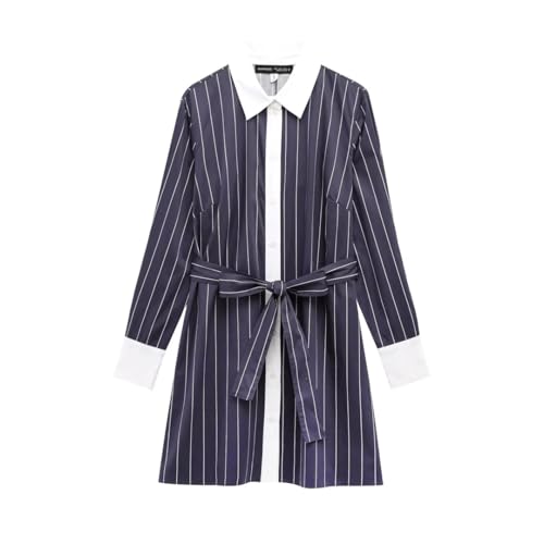 Women Striped Shirt Dress Mid Length Striped Dress Top Pullover Patchwork Lace Up Blouse