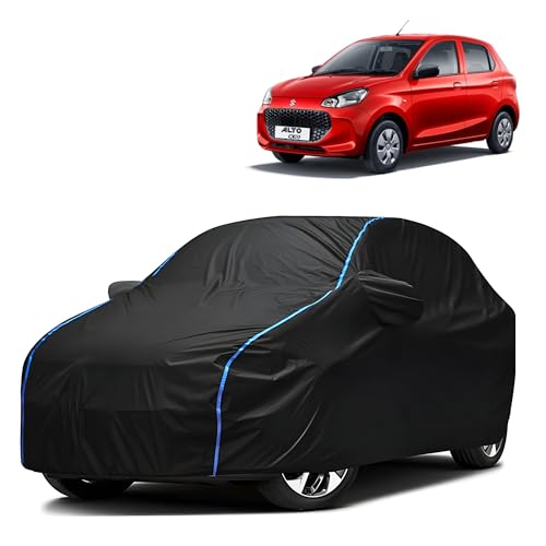 Image of Kerwa Car Body Cover Waterproof with Maruti Alto K10, Dust & UV Resistant All-Weather Proof Full Body Cover, Black with Blue Lining, Triple Stitch Elasticated Bottom with Mirror Pocket