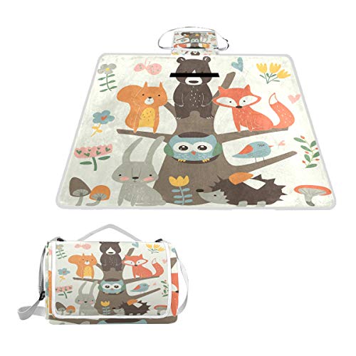 LZXO Jumbo-Picknickdecke, faltbar, niedlicher Fuchs, Vogel, Bär, groß, 144,8 x 149,9 cm, wasserdicht, handliche Matte, Tote, kompakte Outdoor-Matte mit Griff für Outdoor-Reisen, Camping, Wandern