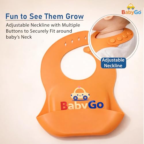 Image of BabyGo Silicone Baby Bib for Feeding & Weaning | Adjustable Neckline with Buttons | BPA Free | Waterproof | Washable & Reusable | 6-36 Months | Mess Proof Baby Feeding Bib | New Orange | Pack of 1