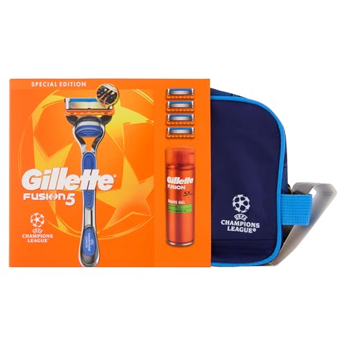 Gillette Fusion5 UEFA Champions League Special Edition – Incluye 1 afeitadora húmeda Gillette 4 cuchillas de repuesto con tiras deslizantes y 5 cuchillas, afeitado de larga duración, gel de afeitar de